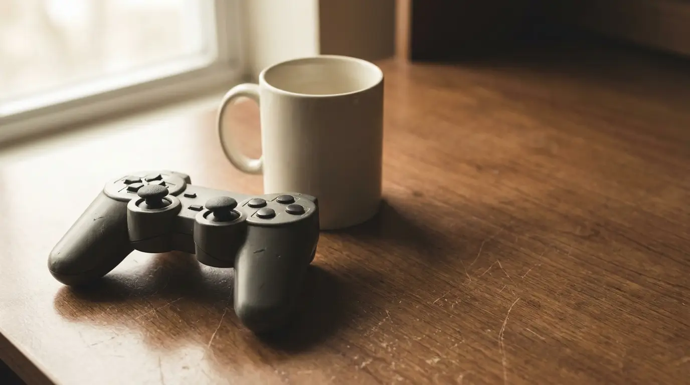 Game controller and white mug on wooden desk near window in soft natural light