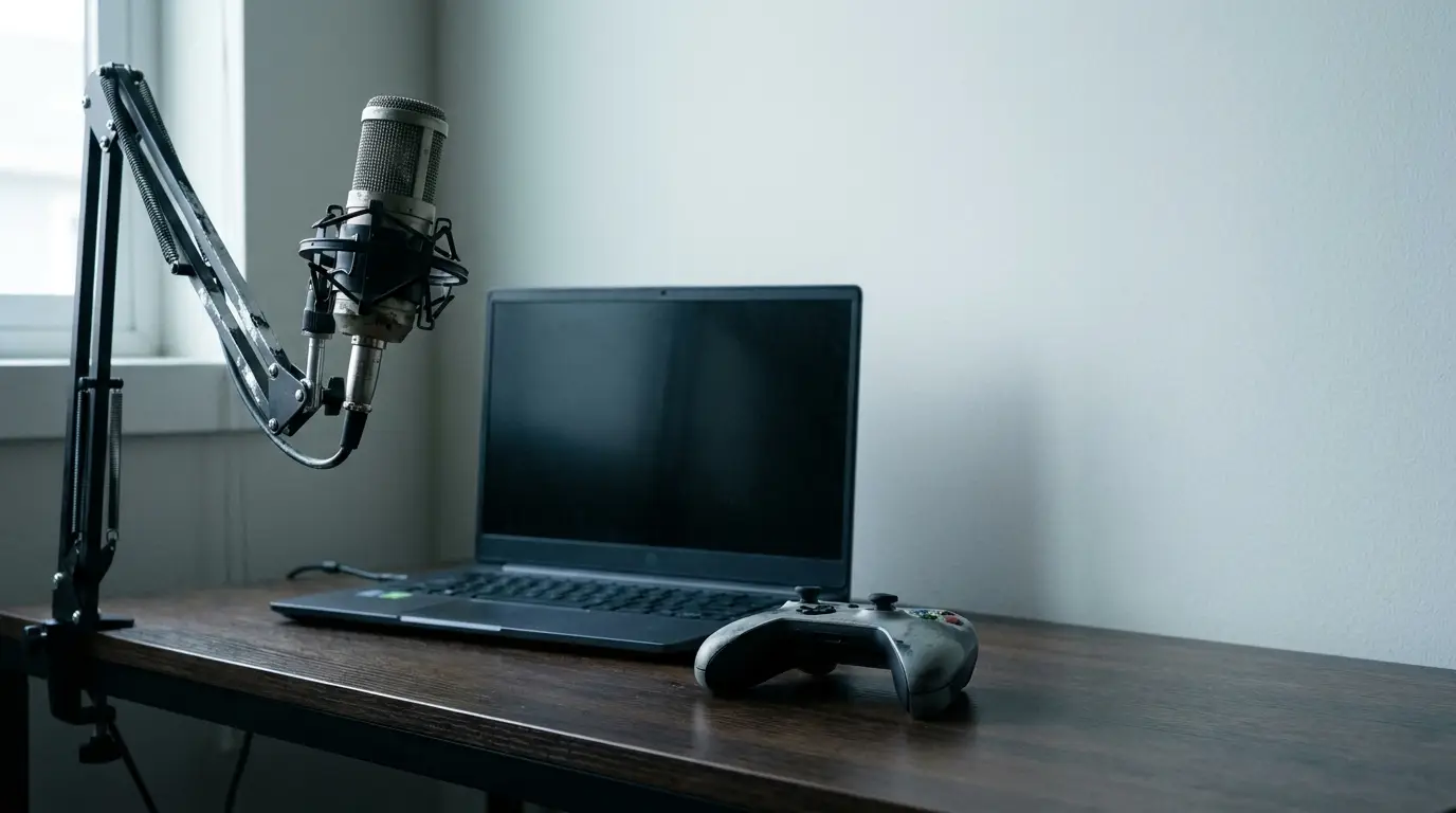 Microphone, laptop, and game controller on wooden desk in home office setting