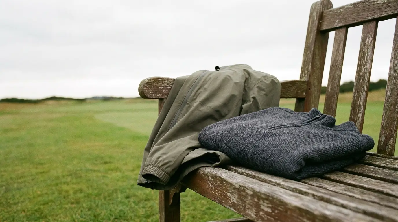 Jacket and sweater draped over wooden bench in open grassy field