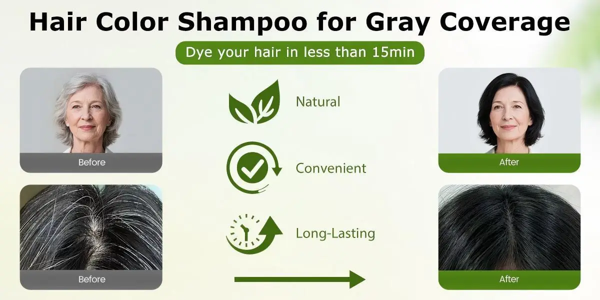 Before and after results of hair color shampoo application for gray coverage with icons for benefits