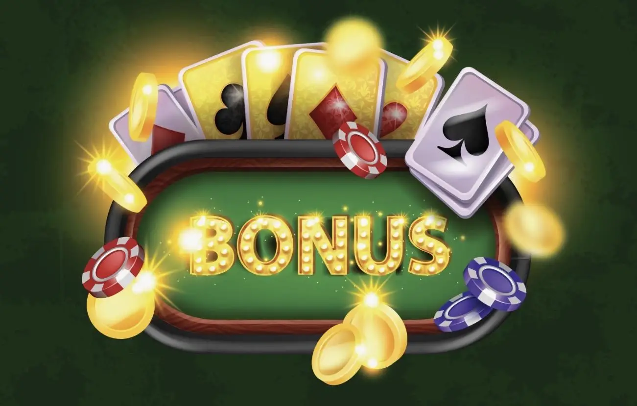 Poker chips and playing cards around glowing bonus sign on green background