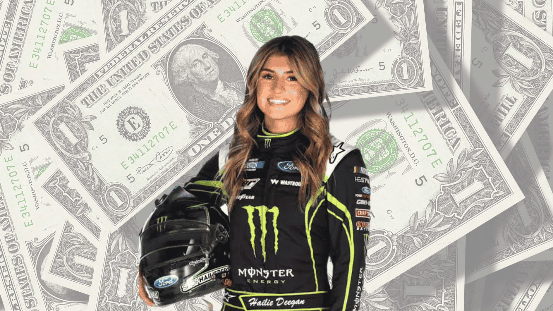 hailie deegan in monster energy racing suit with dollar bills background showing her net worth and earnings