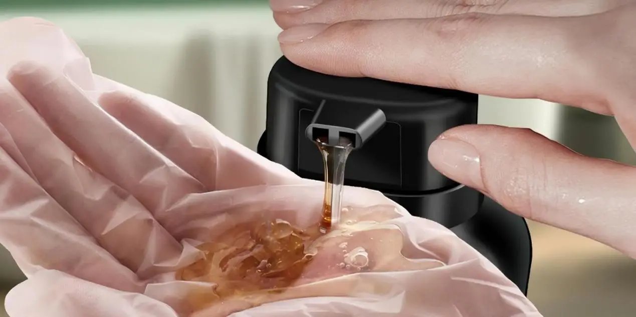 Hand pressing black pump dispenser to squeeze liquid soap onto pink-gloved palm