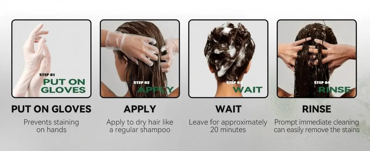 Series of four images showing steps to apply hair product with gloves and rinse after waiting