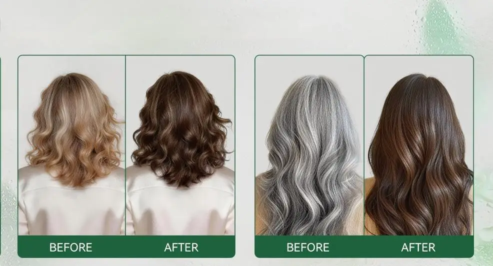 Two sets of before and after hairstyles showing color transformations with wavy hair