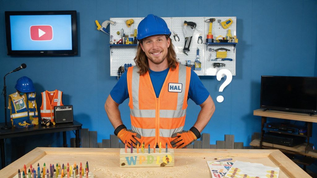 handyman hal wearing a blue helmet and orange safety vest standing in a workshop with tools on the wall, woodworking table, craft supplies, and diy equipment in the background