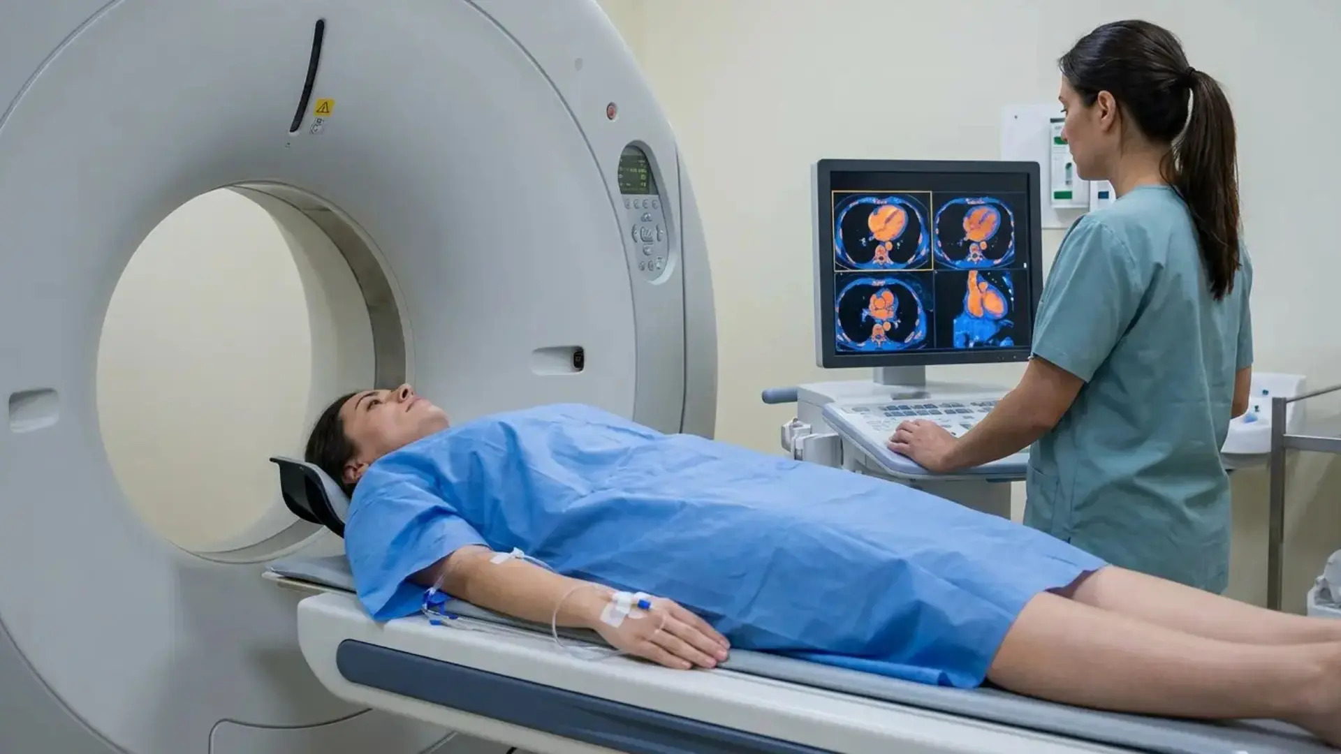 patient lying on a medical scanner table while a healthcare professional reviews cardiac images nearby