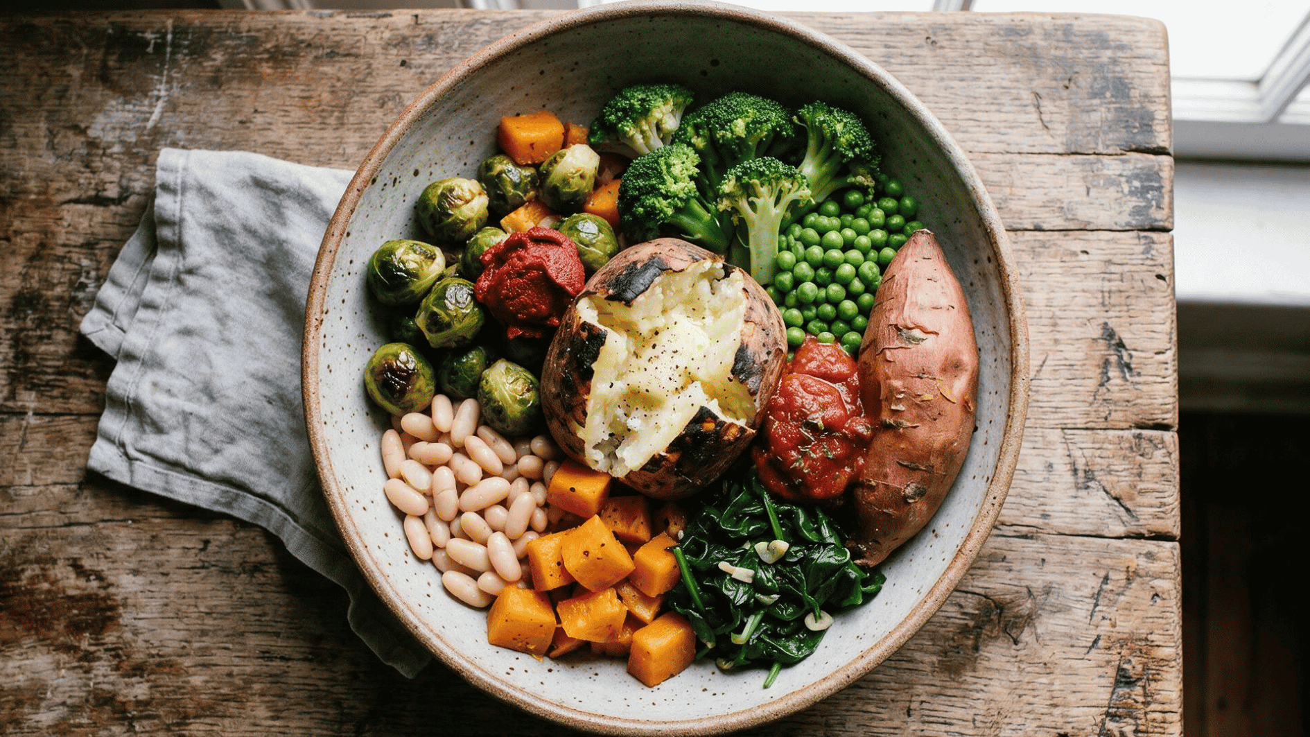 baked potatoes with broccoli peas beans spinach squash and brussels sprouts