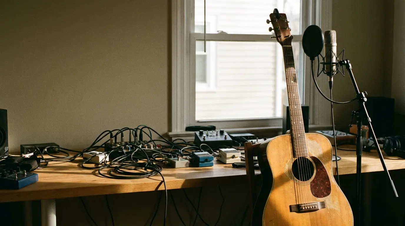 Acoustic guitar and microphone setup on a cluttered desk in home studio with window light