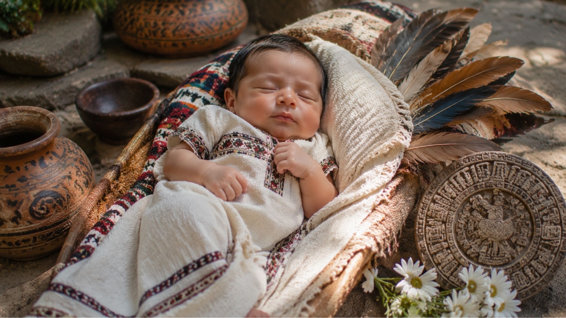 hotograph of a new born baby boy laying on a woven blanket in an outdoor stone courtyard inspired by ancient Mesoamerican architecture.