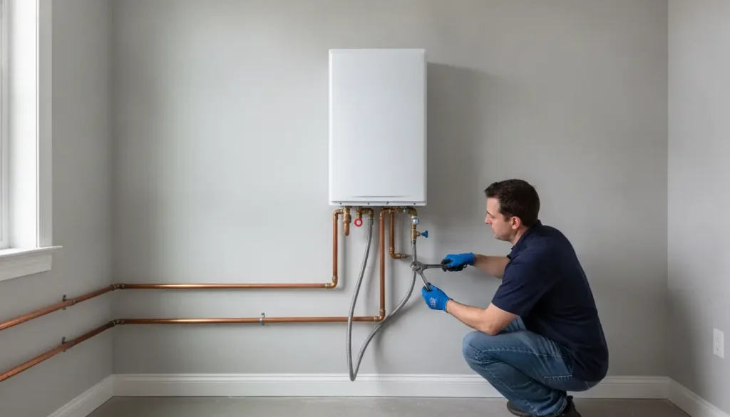 Technician installing a tankless water heater with copper pipes in a utility room