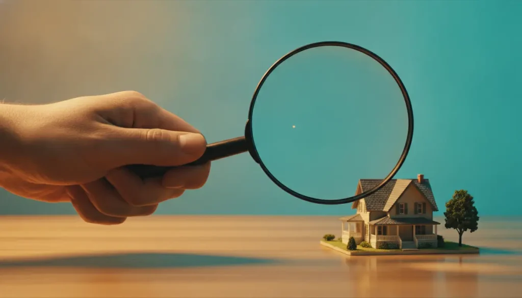 Hand holding magnifying glass over miniature house model on wooden surface