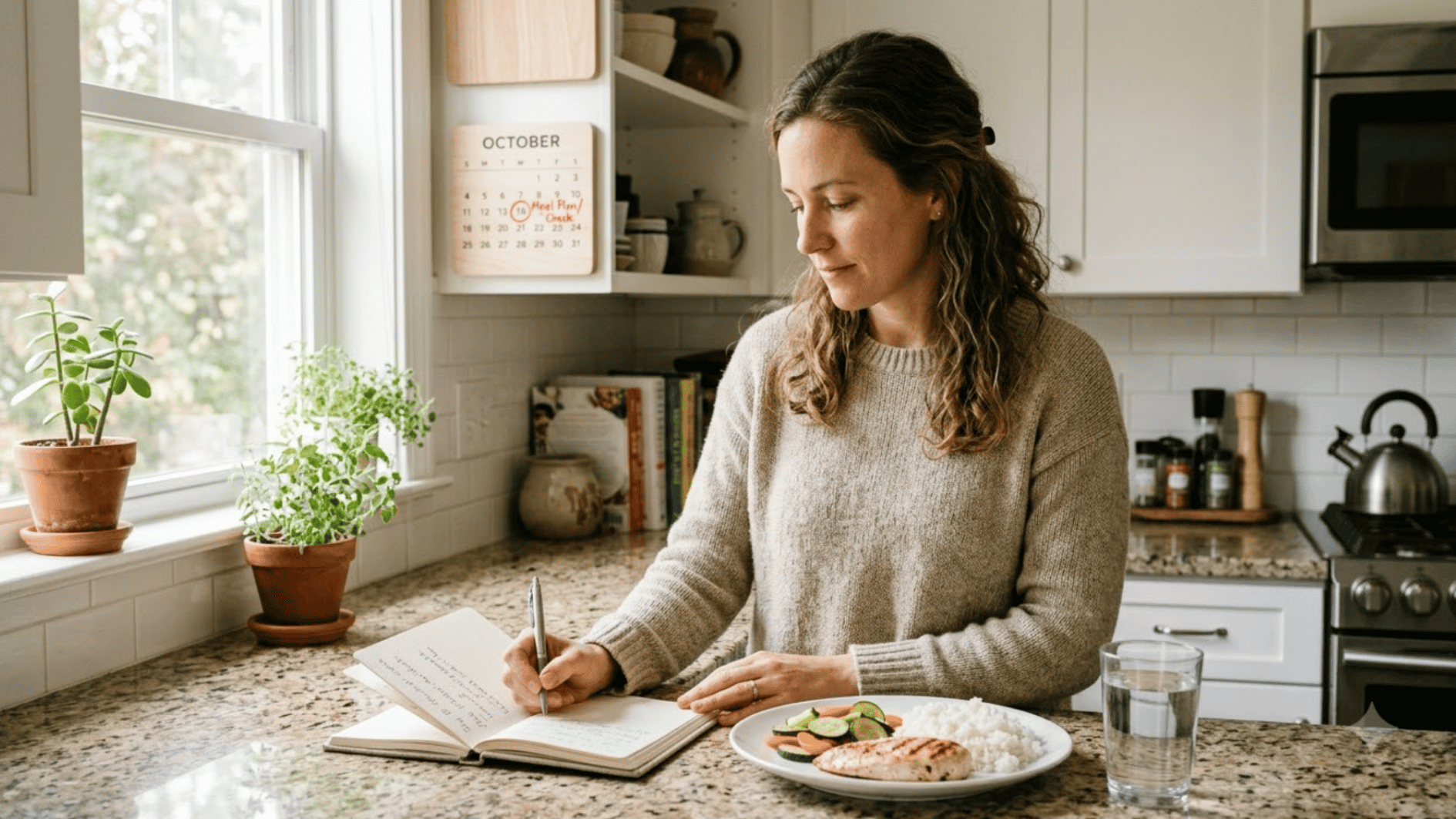 woman writing in a food journal next to a low-histamine meal of grilled chicken, rice, and fresh vegetables, with a calendar tracking her diet trial in the background