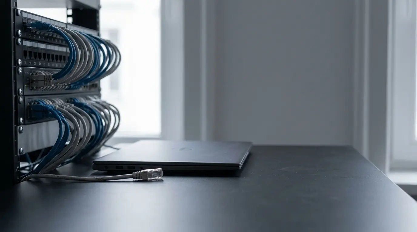 Server room with network cables connected to rack near closed laptop on dark surface