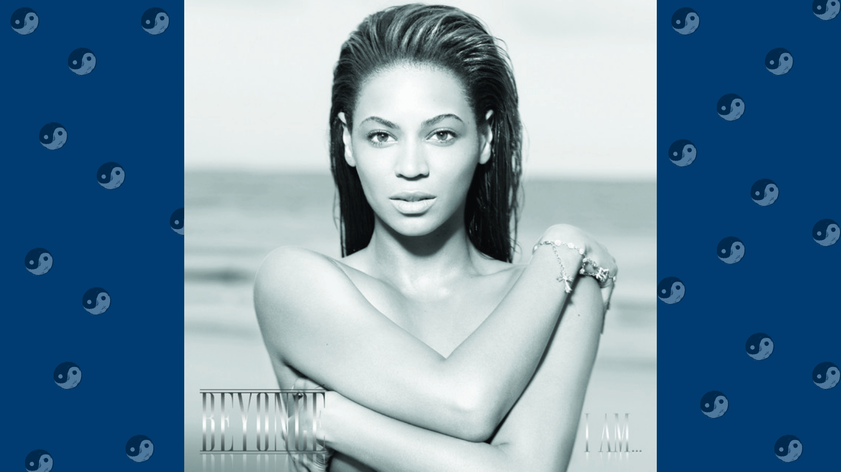 black-and-white i am sasha fierce album cover framed by dark blue panels with circular symbols