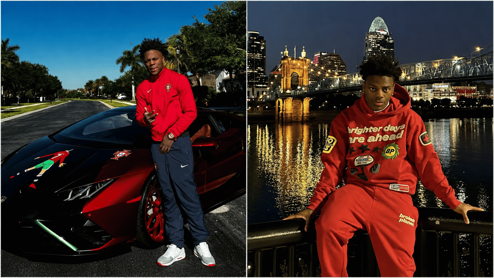 IShowSpeed standing beside a red and black sports car