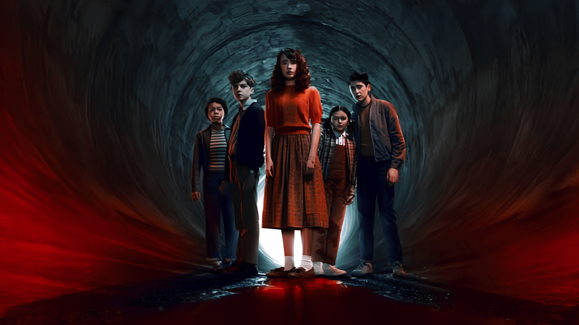 it welcome to derry season 2 characters standing in a dark underground tunnel with a red horror atmosphere