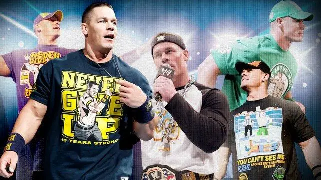 john cena wearing his orange never give up wwe shirt representing his popular wrestling merchandise