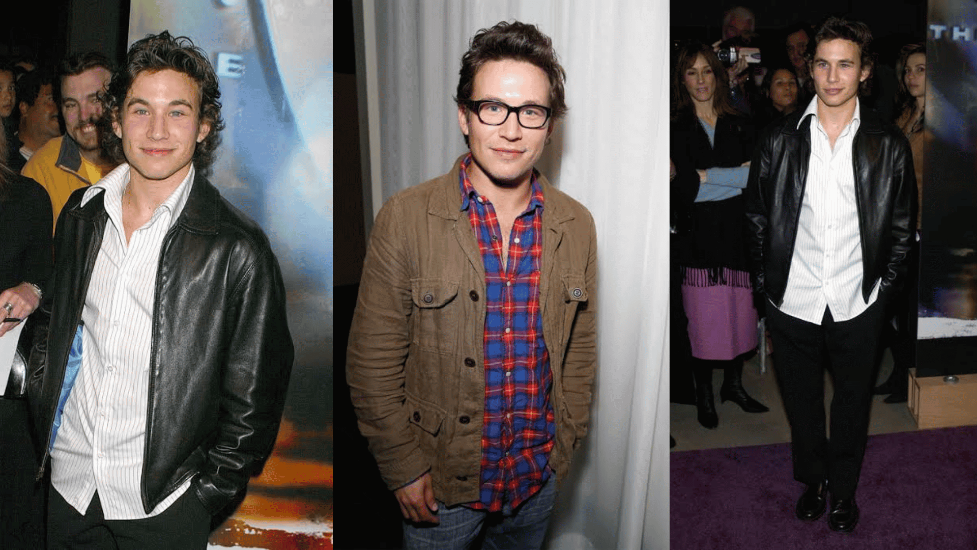 Jonathan Taylor Thomas shown in three public appearances wearing casual jackets and shirts