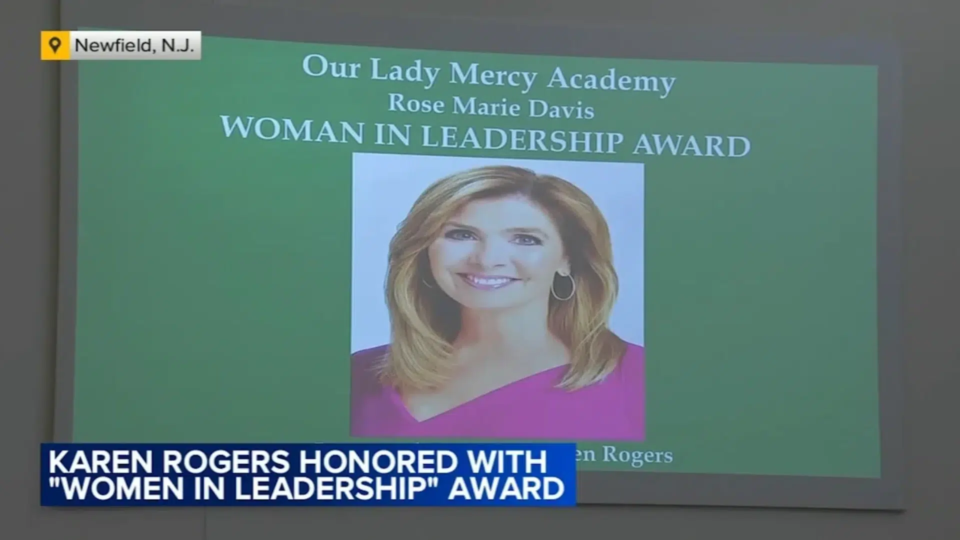 karen rogers honored with a woman in leadership award at our lady mercy academy in newfield new jersey
