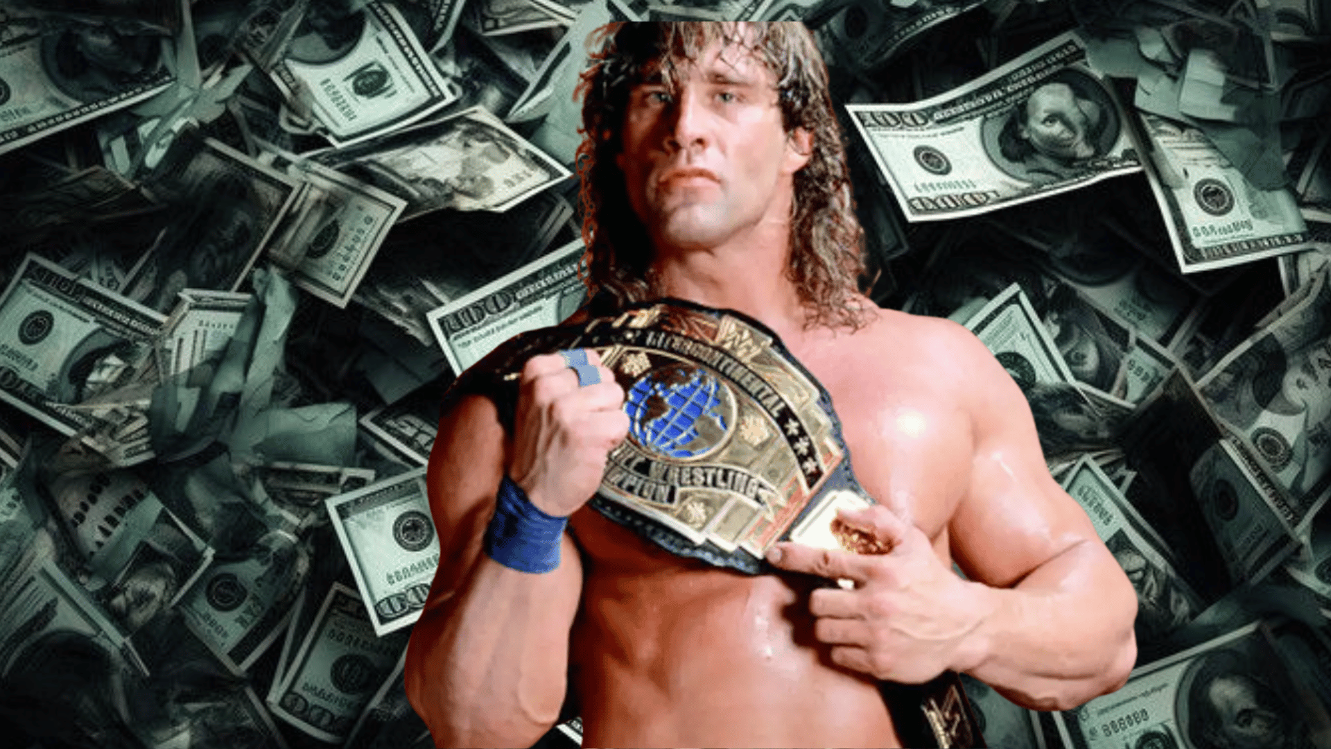 wrestler holding a championship belt against a background of scattered cash