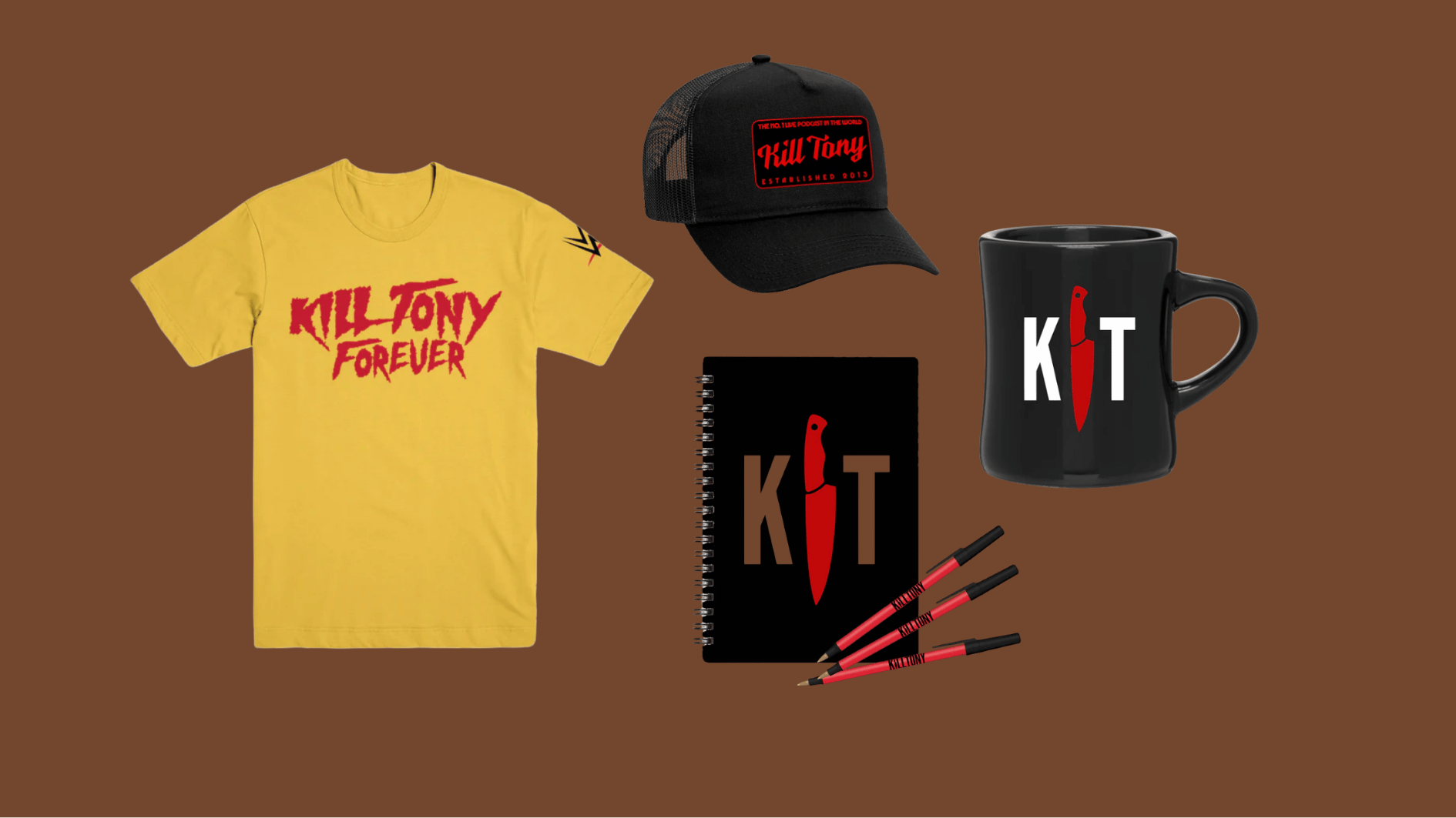 kill tony merchandise including a t shirt, cap, mug, notebook, and pencils