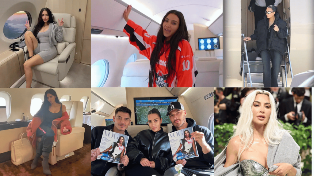 Kim Kardashian and guests inside a private jet featuring luxury seating and custom interior.