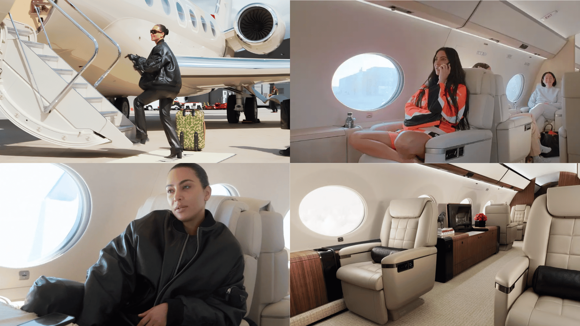 Kim Kardashian’s private jet exterior and luxury cream-colored interior with premium seating.