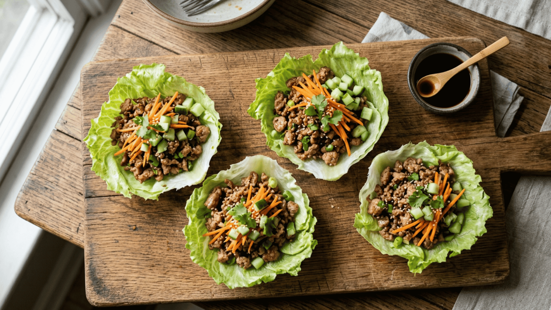 lettuce wraps filled with seasoned meat carrots cucumber and herbs