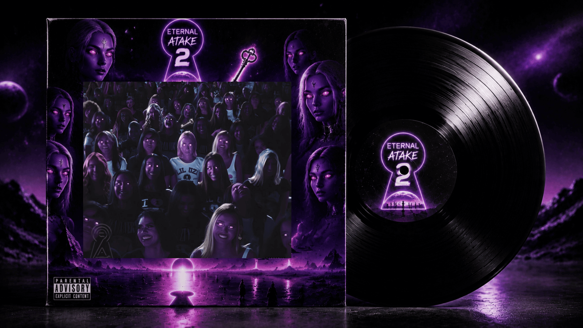 Lil Uzi Vert Eternal Atake 2 album cover with a black vinyl record in a purple futuristic display