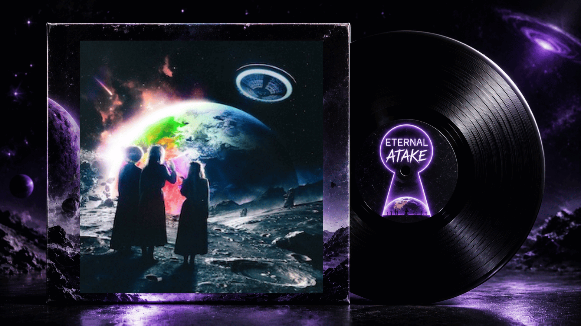 Lil Uzi Vert Eternal Atake album cover with black vinyl record in a futuristic purple space-themed display