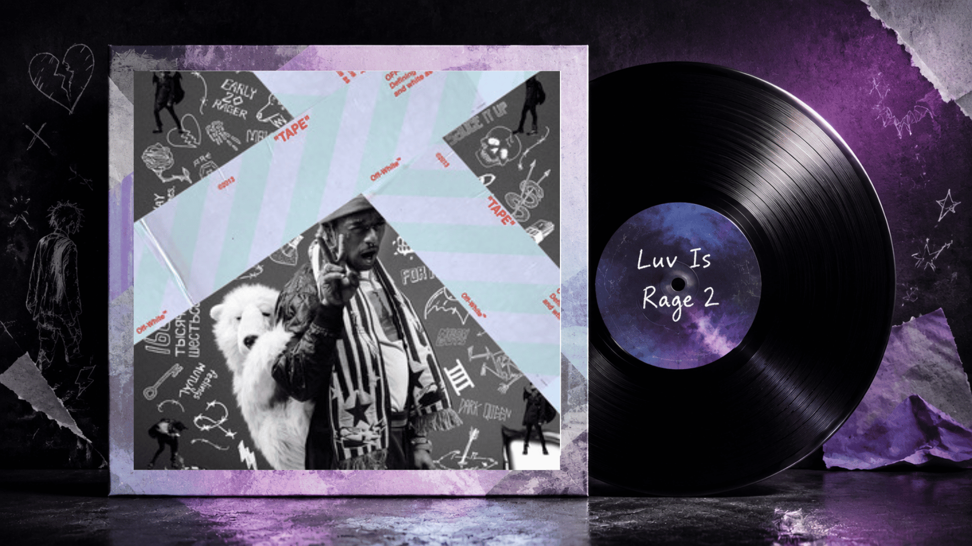 Lil Uzi Vert Luv Is Rage 2 album cover displayed beside a black vinyl record in a purple-themed mockup