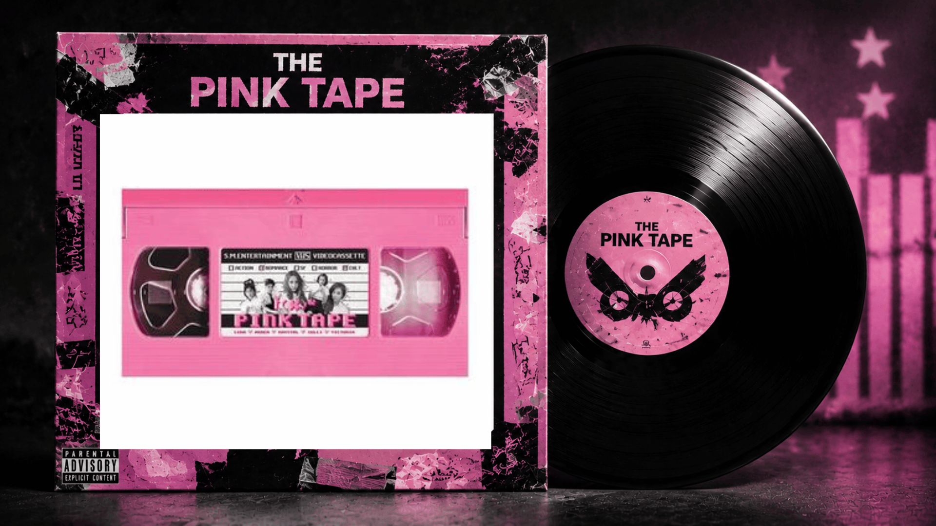 Lil Uzi Vert The Pink Tape album cover displayed with a black vinyl record against a pink-themed backdrop