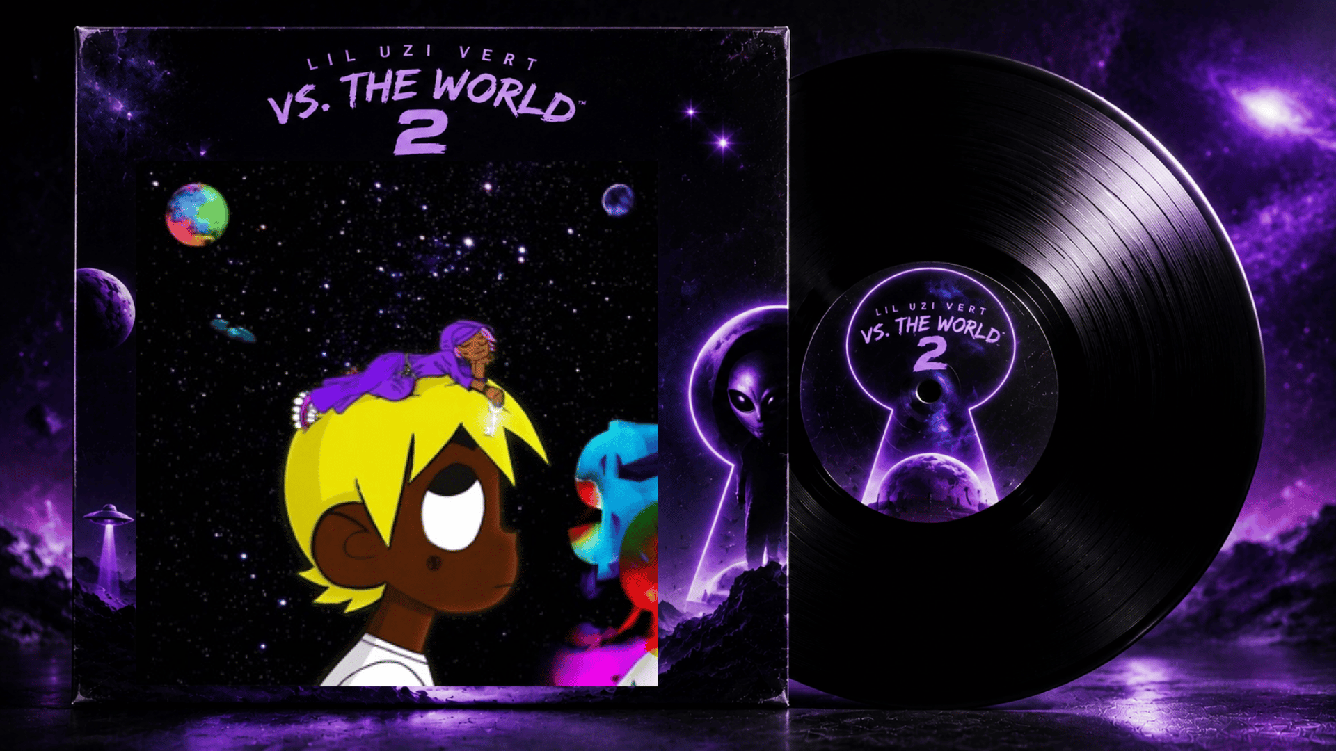 Lil Uzi Vert Vs. The World 2 album cover beside a black vinyl record with a purple sci-fi background