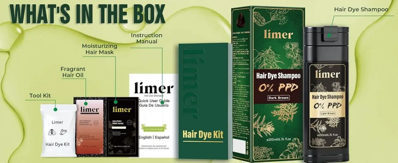 Hair dye kit with shampoo, hair mask, fragrant oil, and instruction manual on light green background