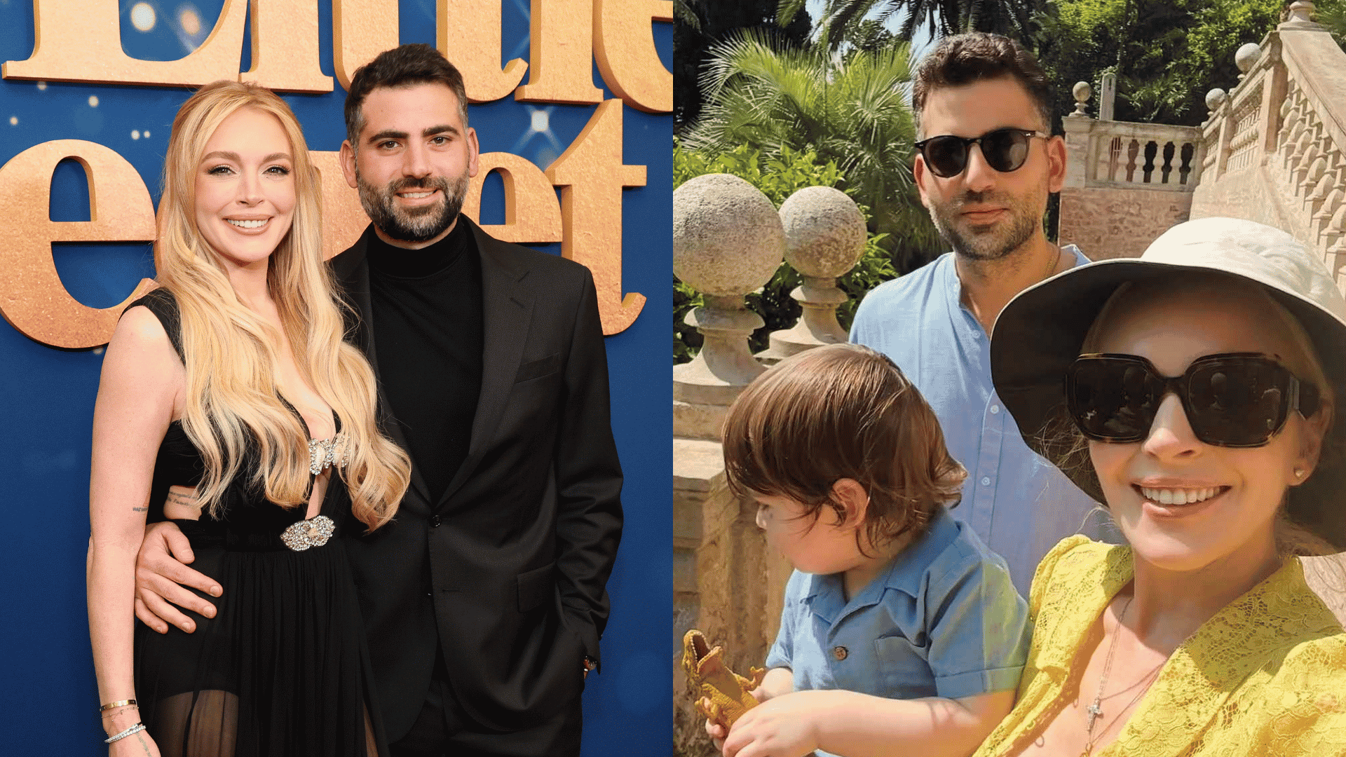 Lindsay Lohan with husband and young son in a family photo collage