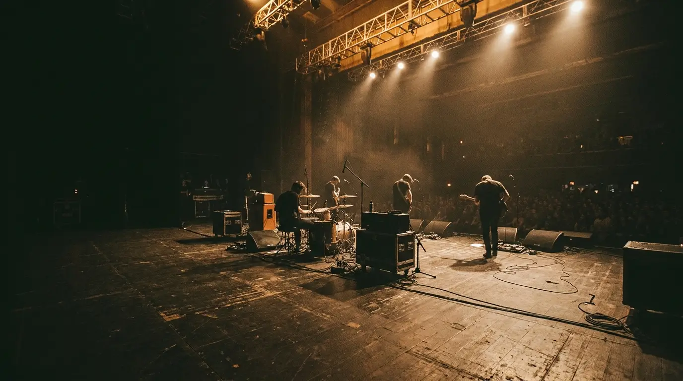 Band performing on stage in dimly lit concert hall with audience in view