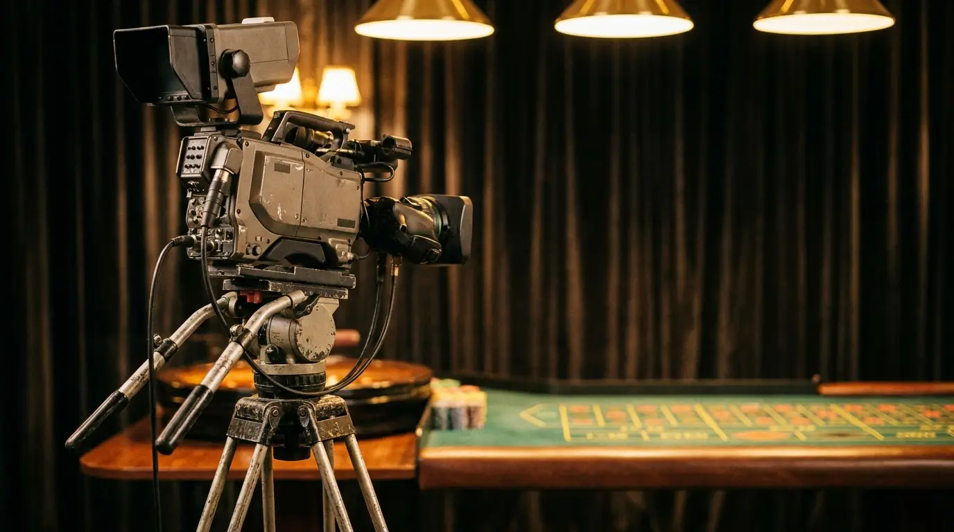 Television camera on tripod filming roulette table in dimly lit casino setting