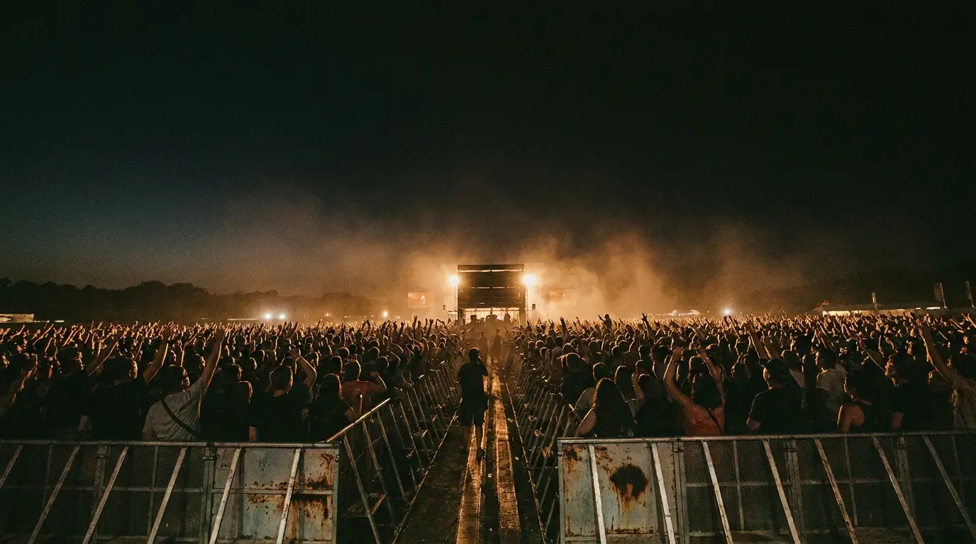 Large crowd at night music festival with stage lights and smoke in the background