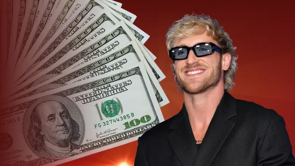 Logan Paul in sunglasses and a black blazer, edited beside a fanned stack of bills