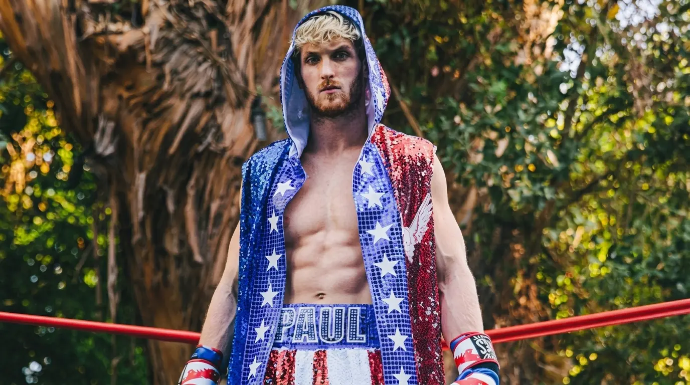logan paul standing in a boxing ring wearing red white and blue boxing gear with a sequined hooded robe