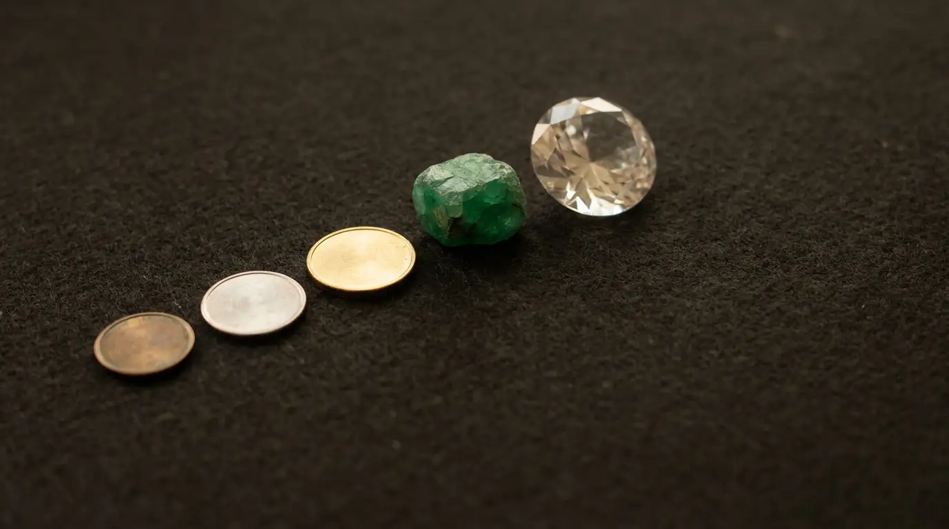 Coins, raw emerald, and cut diamond arranged on dark textured surface