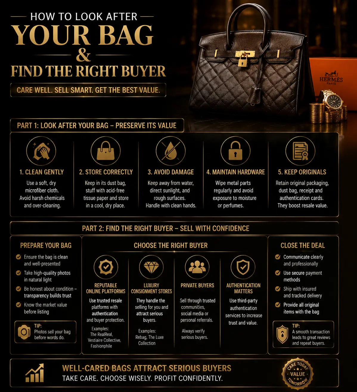 Quilted leather handbag with gold hardware on reflective surface next to watch and Hermes box