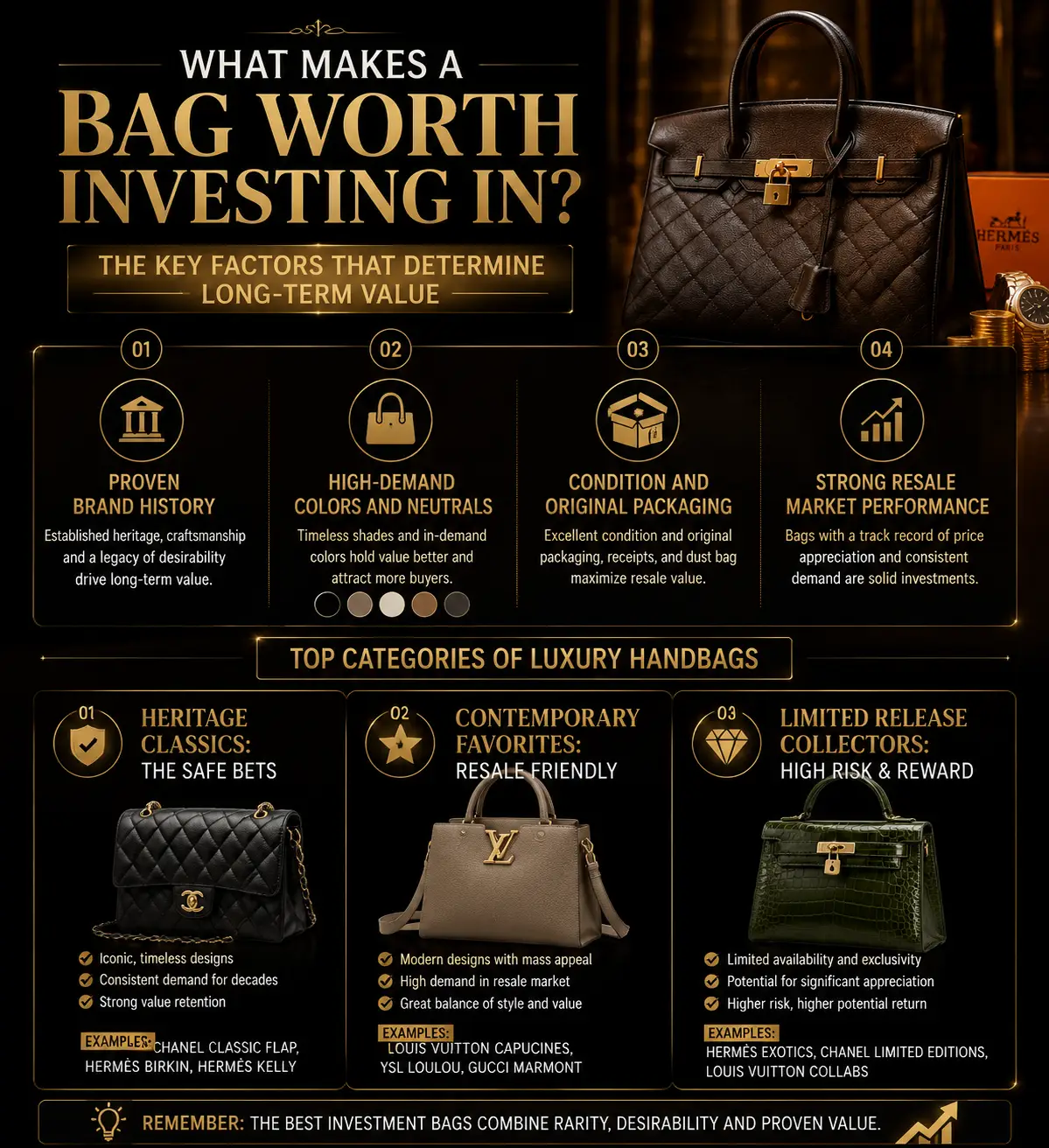 Luxury handbags arranged against dark background with gold text highlights and branding elements