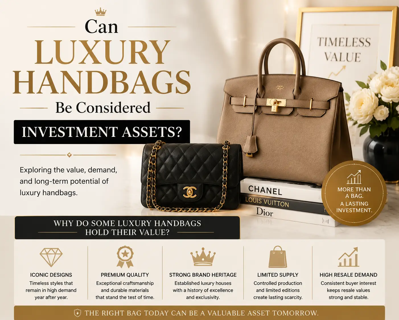 Tan and black luxury handbags displayed on marble surface with decorative elements