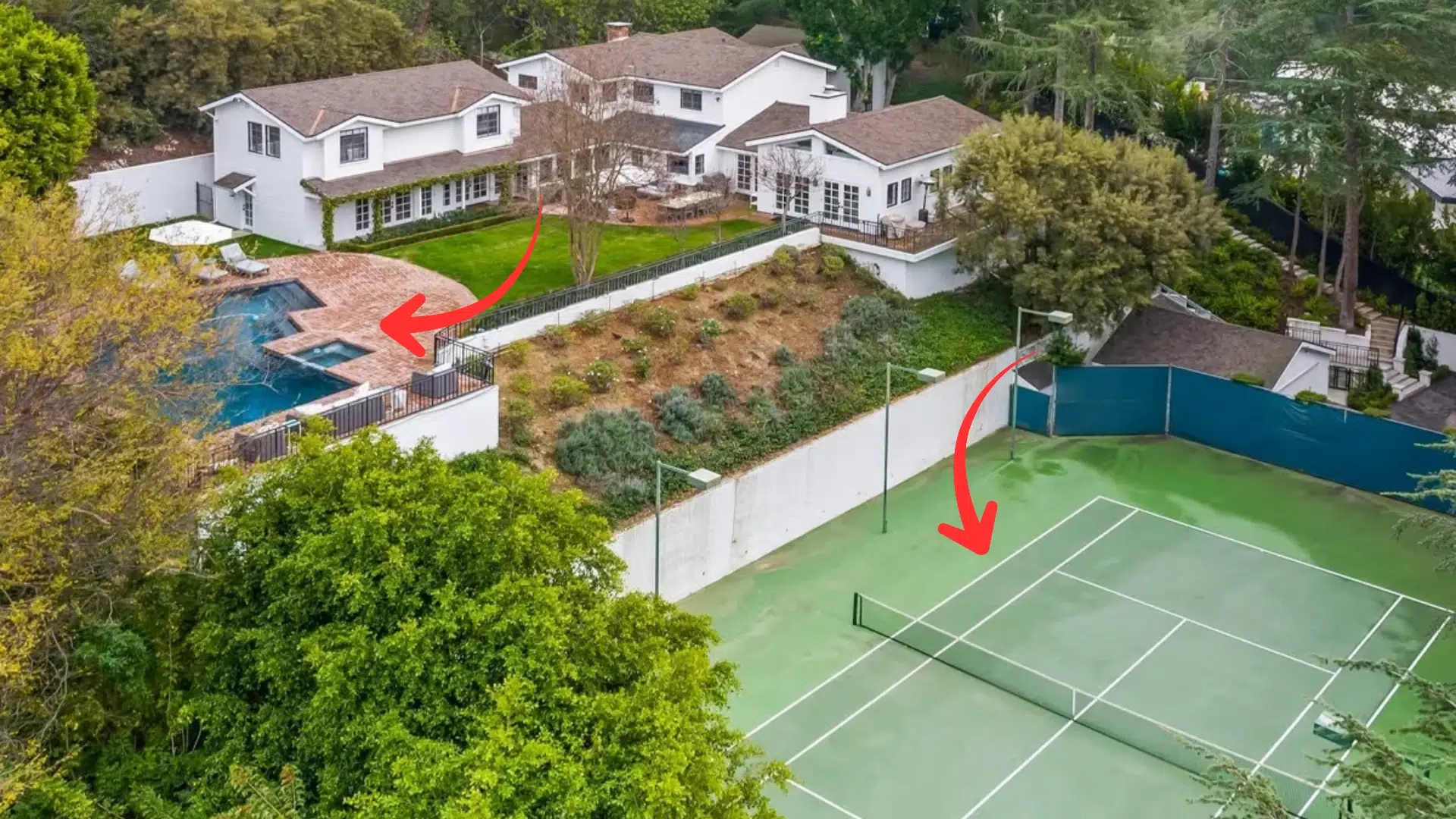 luxury home with swimming pool spa and private tennis court surrounded by landscaped grounds