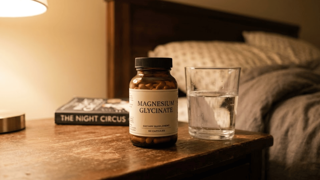 magnesium glycinate supplement bottle and glass of water beside a bed for sleep support