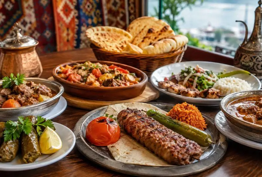 Assorted Middle Eastern dishes with kebabs, rice, and pita bread on a wooden table