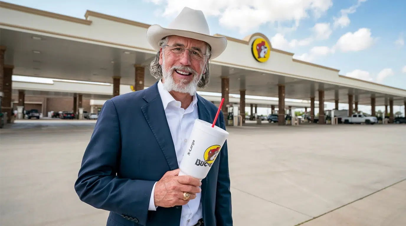 man in cowboy hat holding buc ees drink outside a buc ees travel center
