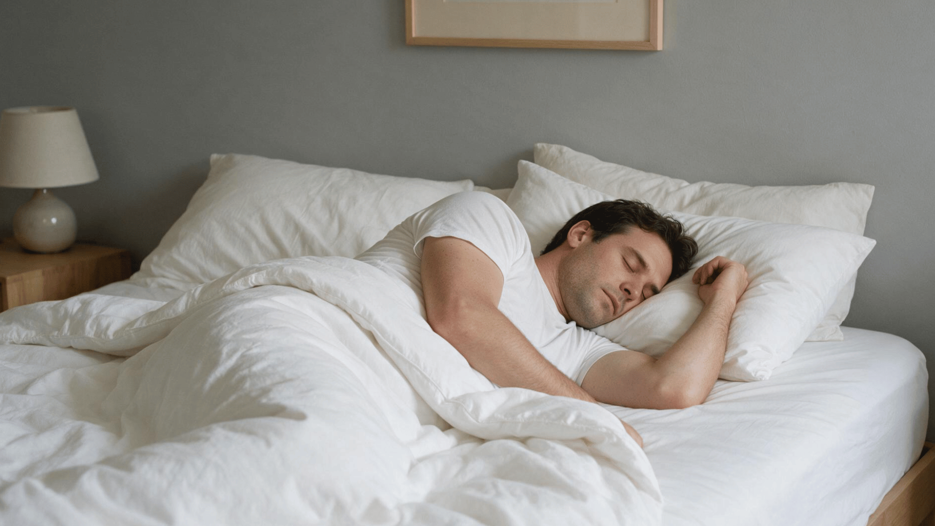 a man in a white t-shirt peacefully sleeping on his side in a cozy bed with white linens